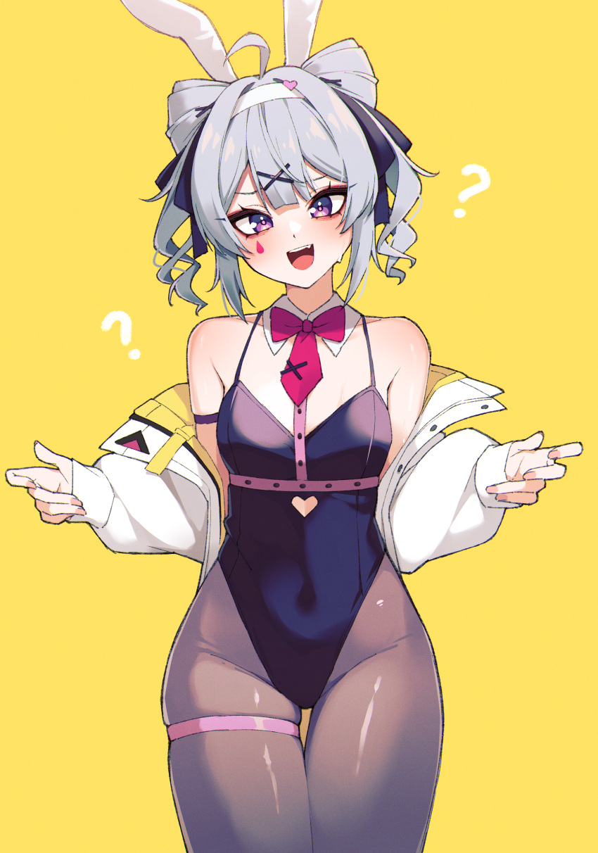 1girl ? absurdres ahoge animal_ears bare_shoulders black_leotard blush bow bowtie breasts commentary cone_hair_bun detached_collar double_bun english_commentary fake_animal_ears grey_hair hair_bun hair_ornament hairband highres jacket leotard looking_at_viewer nijisanji nijisanji_en open_mouth pantyhose playboy_bunny purple_eyes rabbit_ears rabbit_hole_(vocaloid) ribbon seion smile solo teardrop_facial_mark virtual_youtuber zaion_lanza