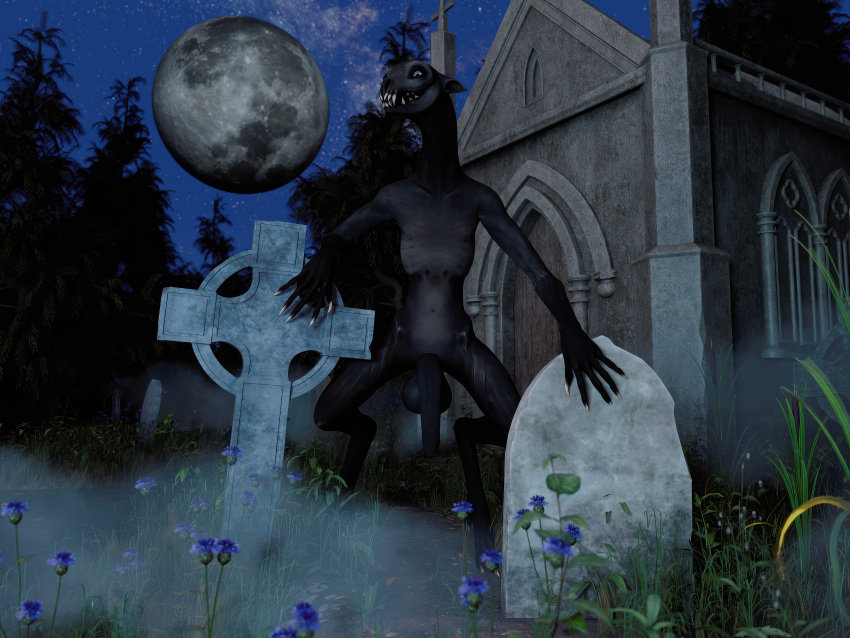 absurd_res balls big_balls chadotexas detailed_background fog foreskin genitals ghoul hi_res long_penis male moon night penis smile solo undead zombie