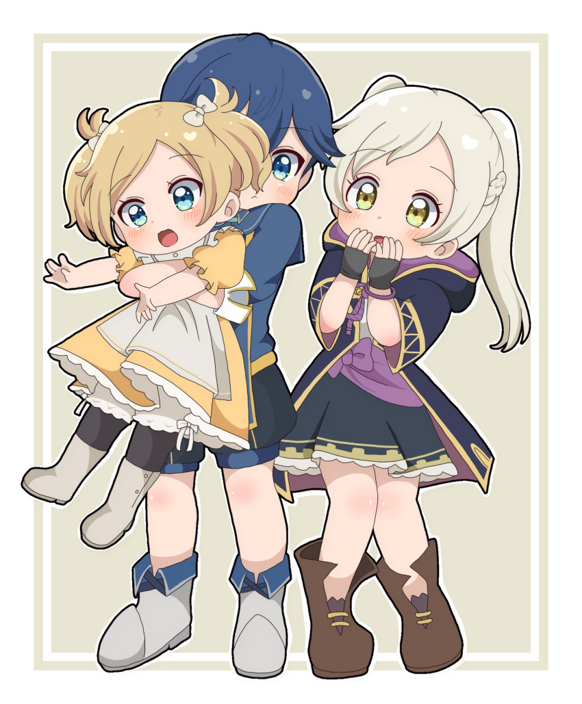 1boy 2girls blonde_hair blue_eyes blue_hair braid brother_and_sister chrom_(child)_(fire_emblem) chrom_(fire_emblem) dress fire_emblem fire_emblem_awakening fire_emblem_heroes hair_ribbon highres lissa_(child)_(fire_emblem) lissa_(fire_emblem) multiple_girls open_mouth ribbon robin_(female)_(child)_(fire_emblem) robin_(female)_(fire_emblem) robin_(fire_emblem) rukinya_nya siblings skirt twintails white_background yellow_dress yellow_eyes