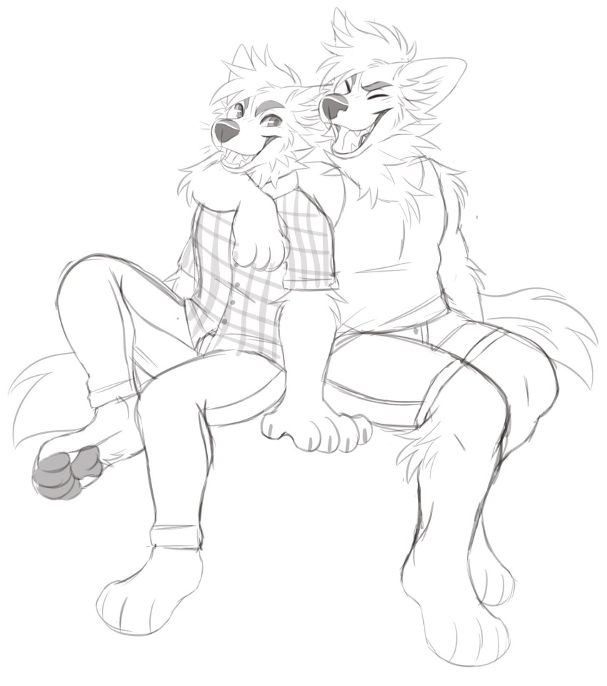 anthro arm_around_neck bottomwear canid cheek_tuft clothed clothing duo facial_tuft fangs hair hi_res male mammal monochrome neck_tuft open_mouth open_smile pants pawpads princelykaden short_hair shorts simple_background sitting sketch smile teeth topwear tuft