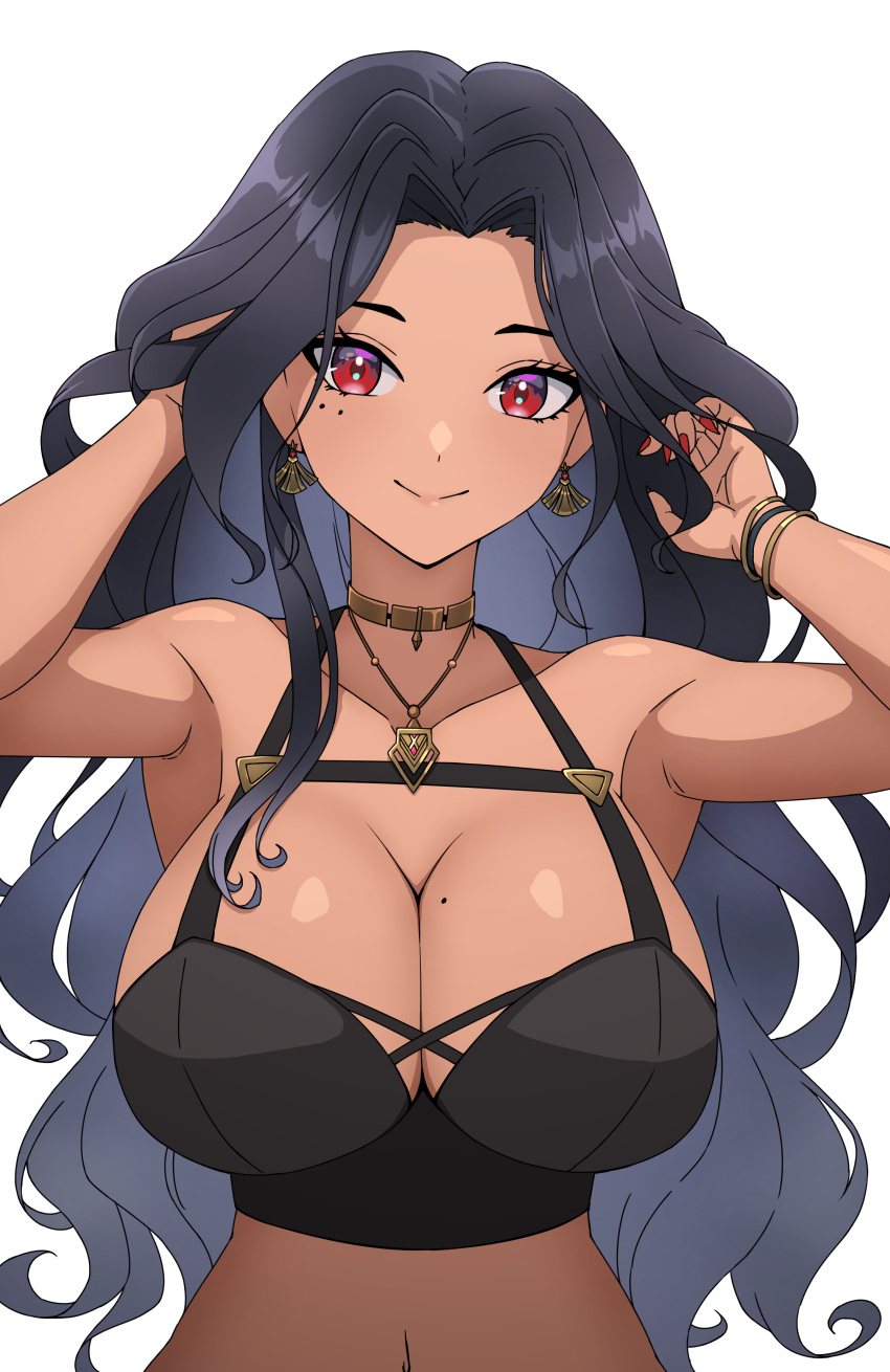 1girl absurdres black_hair breast_focus breasts cleavage close-up dark-skinned_female dark_skin daydarion earrings highres jewelry large_breasts long_hair looking_at_viewer mole mole_on_breast mole_under_eye nijisanji nijisanji_en red_eyes scarle_yonaguni smile solo stomach virtual_youtuber