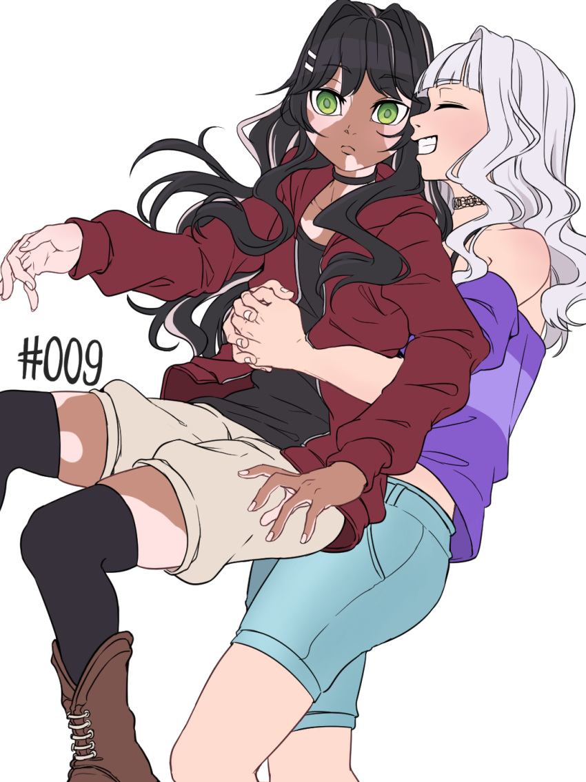 2girls black_hair black_shirt blush boots bra_strap brown_footwear choker closed_eyes coat dark-skinned_female dark_skin denim green_eyes highres hug jeans lips looking_at_viewer mefomefo multiple_girls nose_blush numbered original pants purple_shirt red_coat shirt smile staring vitiligo white_background white_hair zettai_ryouiki