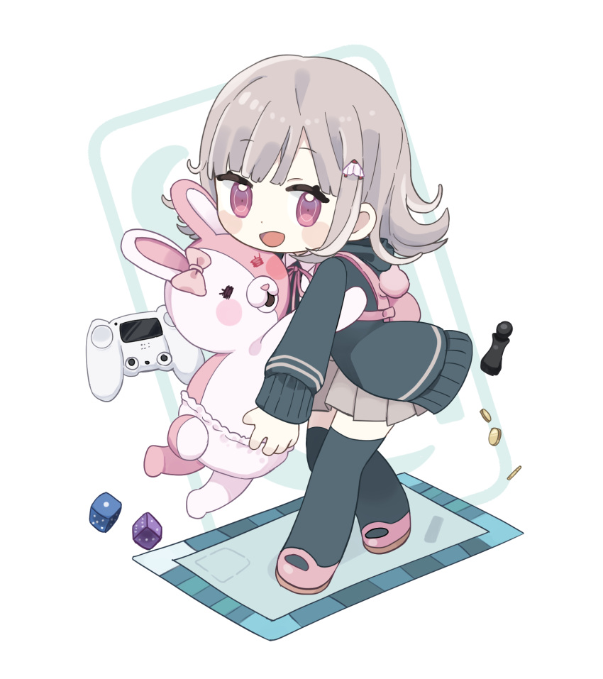 1girl :d black_thighhighs blush_stickers bow brown_hair brown_skirt chess_piece controller danganronpa_(series) danganronpa_2:_goodbye_despair diaper dice ear_bow green_jacket highres hood hooded_jacket hug jacket looking_at_viewer medium_hair monomi_(danganronpa) nanami_chiaki open_clothes open_jacket pink_eyes skirt smile spaceship_hair_ornament standing thighhighs zettai_ryouiki