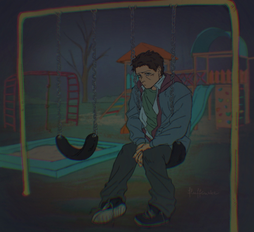 1boy bare_tree black_hair blue_eyes castiel facial_hair fluffsnake full_body highres hood hoodie male_focus mature_male night official_alternate_costume outdoors playground short_hair sitting solo stubble supernatural_(tv_series) swing_set tree