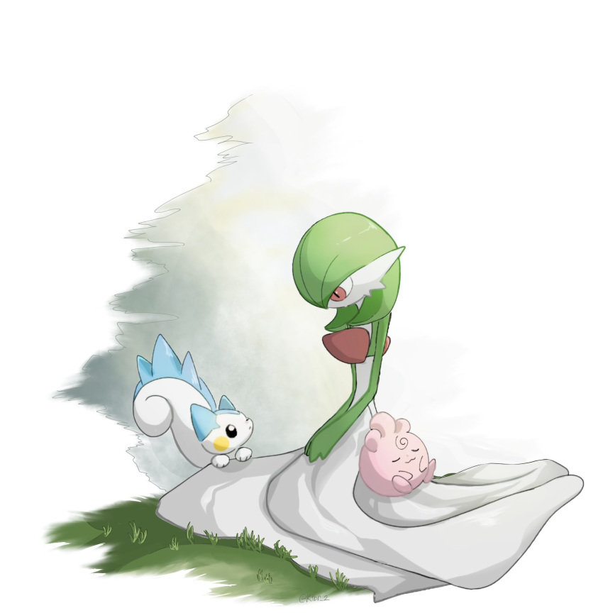 artist_name black_eyes bob_cut closed_eyes colored_skin dress gardevoir grass green_hair highres igglybuff ktbr_2 on_grass pachirisu pink_eyes pink_skin pokemon pokemon_(creature) simple_background two-tone_fur v_arms white_dress