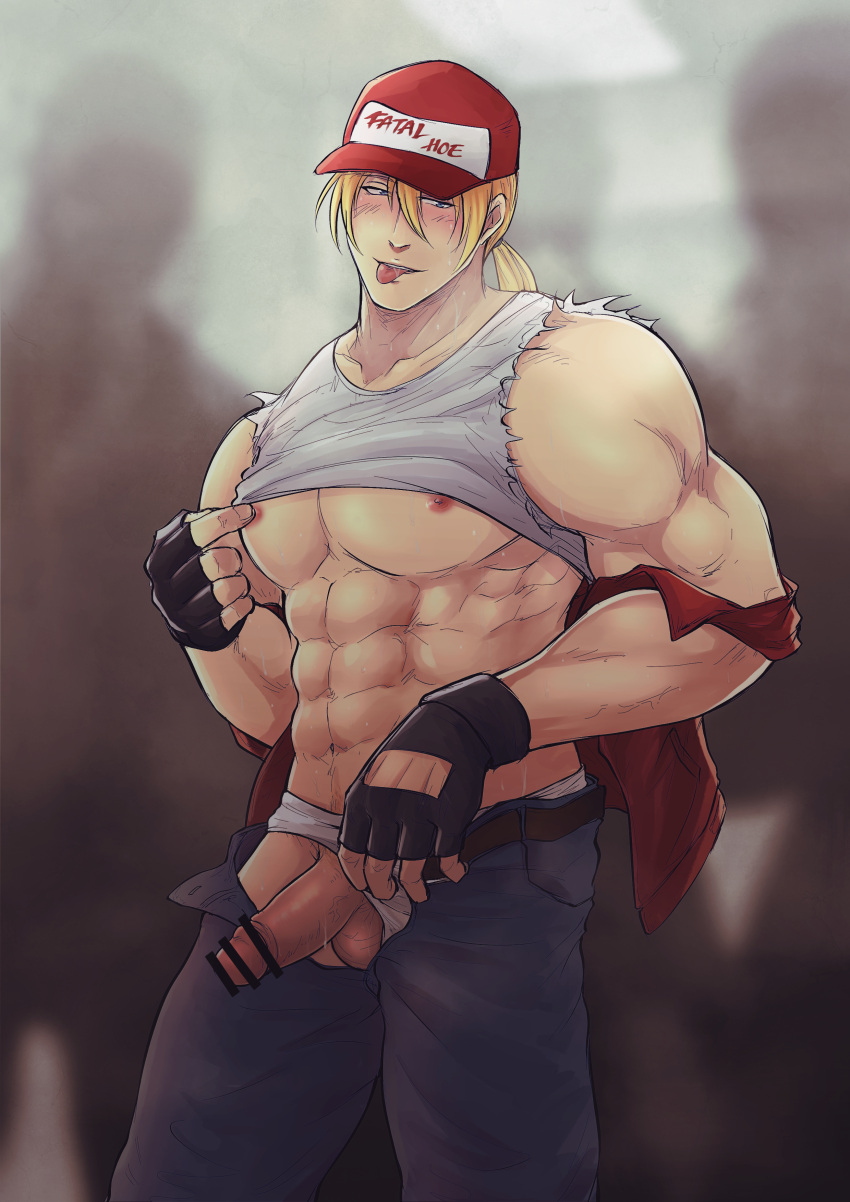 1boy :p abs absurdres bar_censor bara bare_pectorals baseball_cap belt blush censored clothes_lift clothing_aside crowd denim erection exhibitionism feet_out_of_frame hal_(harenchiou) hat highres jacket jacket_partially_removed jeans jockstrap large_pectorals long_hair male_focus male_underwear male_underwear_aside muscular muscular_male navel navel_hair nipple_tweak nipples pants pectorals ponytail public_indecency reward_available self_fondle shirt shirt_lift solo_focus stomach terry_bogard the_king_of_fighters tongue tongue_out torn_clothes torn_shirt underpec underwear white_male_underwear