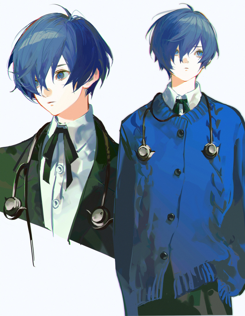 1boy absurdres ahoge black_skirt blue_cardigan blue_eyes blue_hair buttons cardigan chinese_commentary closed_mouth collared_jacket collared_shirt commentary gekkoukan_high_school_uniform green_jacket green_ribbon hair_between_eyes hair_over_one_eye headphones headphones_around_neck highres jacket long_sleeves looking_to_the_side male_focus miyu_(shiyemiyu) neck_ribbon open_clothes open_jacket open_mouth persona persona_3 ribbon school_uniform shirt short_hair simple_background skirt solo standing white_background white_shirt yuuki_makoto_(persona_3)