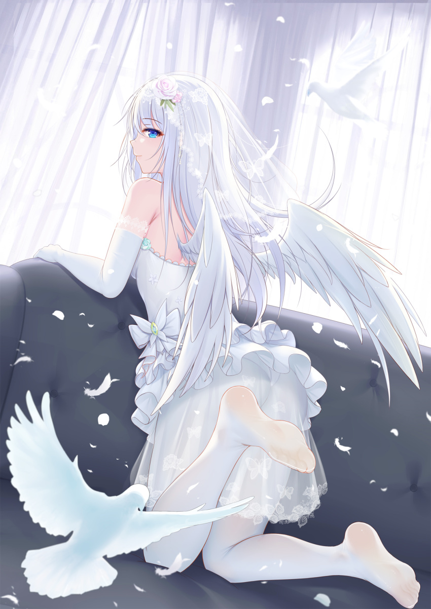 1girl armpits ass bare_shoulders bird blue_eyes couch dove elbow_gloves feet flan_(seeyouflan) flower foot_focus gloves hair_flower hair_ornament highres long_hair looking_at_viewer looking_back no_shoes original panties pantyhose skirt soles underwear white_flower white_gloves white_hair white_panties white_pantyhose white_skirt