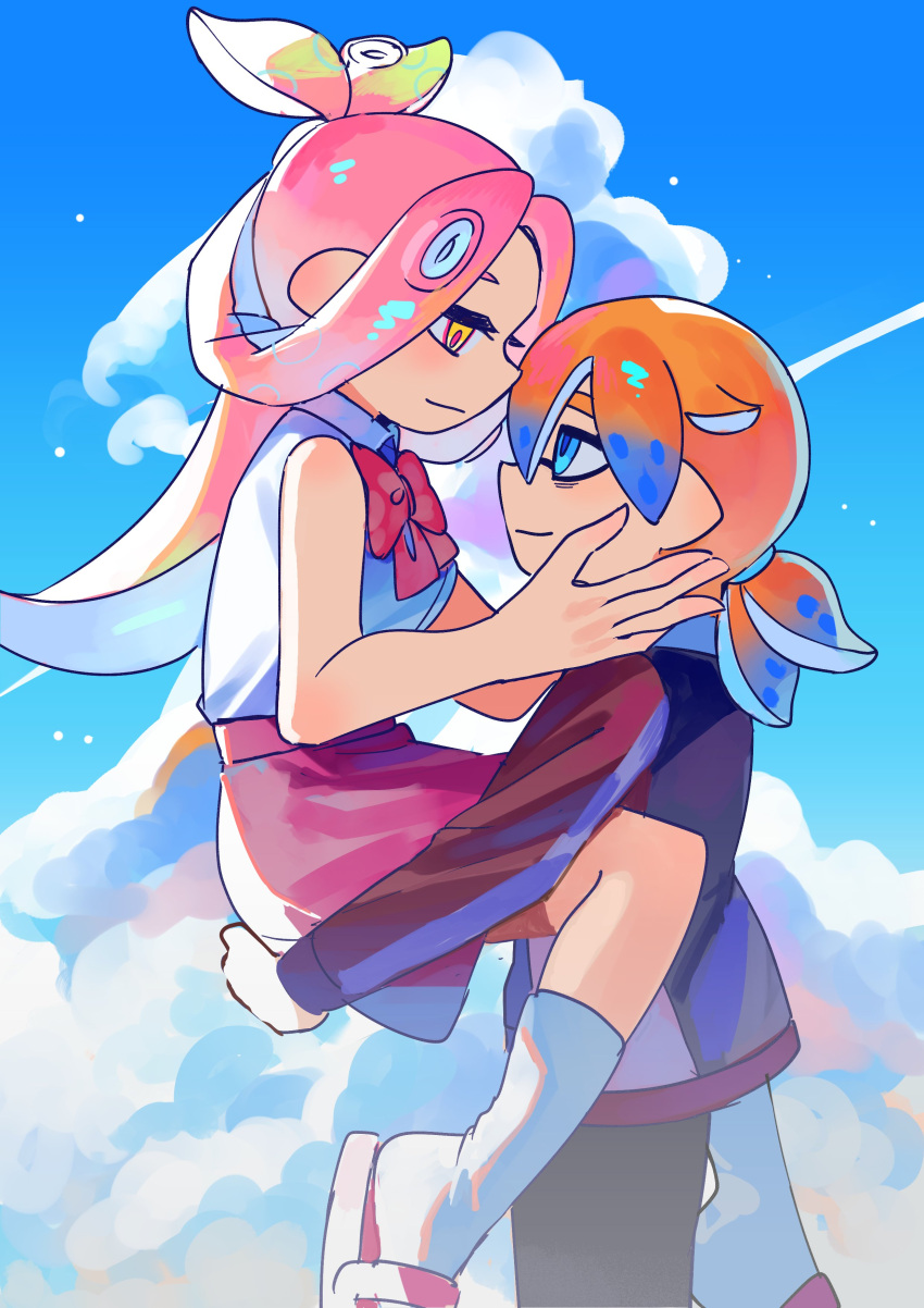 1boy 1girl absurdres blue_eyes blue_hair blue_sky carrying carrying_person citrusplatsoda closed_mouth cloud colored_tips green_hair hair_between_eyes hetero highres inkling inkling_boy inkling_player_character long_hair multicolored_hair octoling octoling_girl octoling_player_character orange_hair outdoors pink_hair pink_skirt pointy_ears sandals short_hair short_ponytail skirt sky smile socks splatoon_(series) tentacle_hair two-tone_hair white_socks yellow_eyes