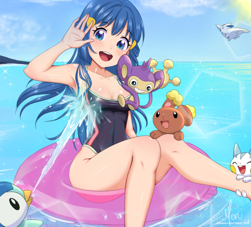 :d aipom armpits bangs black_swimsuit blue_eyes blue_hair blue_sky blush breasts buneary casual_one-piece_swimsuit cleavage collarbone covered_navel dawn_(pokemon) eyebrows_visible_through_hair eyelashes hair_ornament hairclip halterneck highleg highleg_swimsuit innertube long_hair meru_rumi ocean one-piece_swimsuit pachirisu piplup pokemon pokemon_(creature) pokemon_(game) pokemon_dppt shiny shiny_hair shiny_skin signature sky small_breasts smile splashing summer swimsuit togekiss very_long_hair web_address