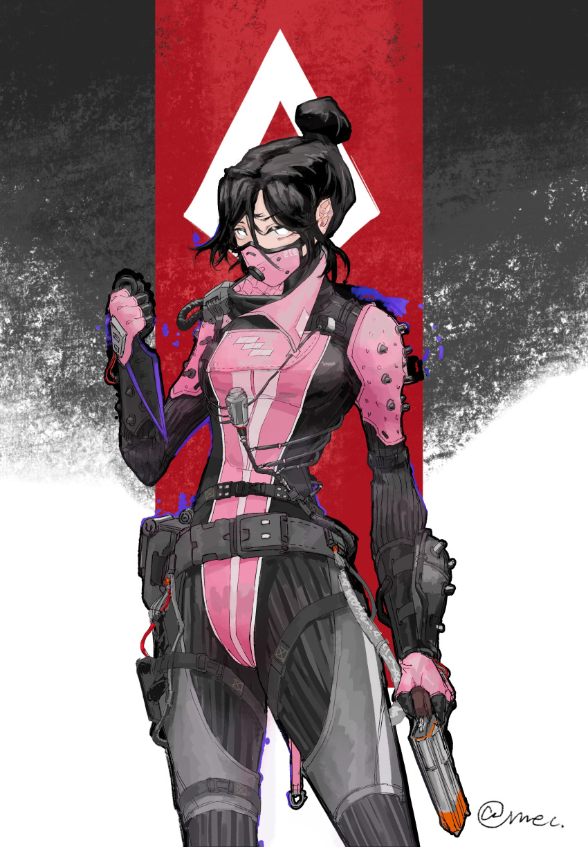 1girl absurdres animification apex_legends belt black_belt black_hair cable gloves grey_belt gun hair_behind_ear hair_bun handgun highres holding holding_gun holding_knife holding_weapon knife looking_at_viewer mask mecmec mouth_mask no_pupils official_alternate_costume pink_gloves single_hair_bun solo two-tone_bodysuit void_specialist_wraith weapon white_eyes wraith's_kunai wraith_(apex_legends)