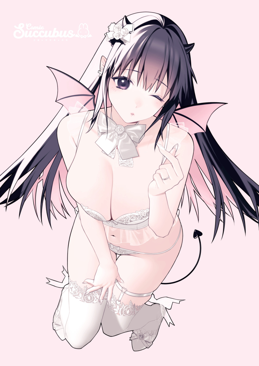 1girl absurdres bow bow_panties bowtie bra breasts bridal_lingerie cleavage commentary_request couple demon_girl demon_horns demon_tail demon_wings earrings finger_heart fingernails full_body hair_bow heart_o-ring highres horns jewelry lace lace-trimmed_thighhighs lace_bra lace_panties limited_palette lingerie long_fingernails long_hair looking_at_viewer nagata_shuu nail_polish navel o-ring o-ring_thigh_strap one_eye_closed original panties parted_lips pink_background pointy_ears purple_eyes purple_hair ring simple_background solo straight_hair tail thigh_gap thigh_strap thighhighs underwear white_bow white_bowtie white_footwear white_nails white_panties white_thighhighs wings