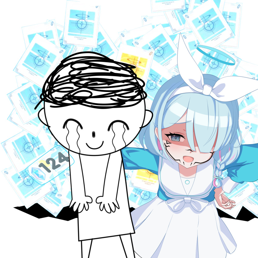 1boy 1girl absurdres arona_(blue_archive) blue_archive blue_hair blue_halo blue_shirt doodle_sensei_(blue_archive) hair_over_one_eye hairband halo highres looking_at_viewer open_mouth proxyl sailor_collar sensei_(blue_archive) shirt short_hair skirt smile white_hairband white_sailor_collar white_skirt