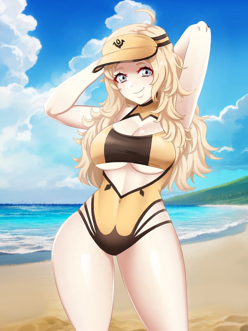 1girl ahoge alternate_costume arms_up beach blonde_hair breasts cleavage cleavage_cutout clothing_cutout cowboy_shot fire_emblem fire_emblem_fates grey_eyes highres large_breasts long_hair one-piece_swimsuit ophelia_(fire_emblem) seityr solo standing swimsuit thighs underboob underboob_cutout visor_cap wide_hips