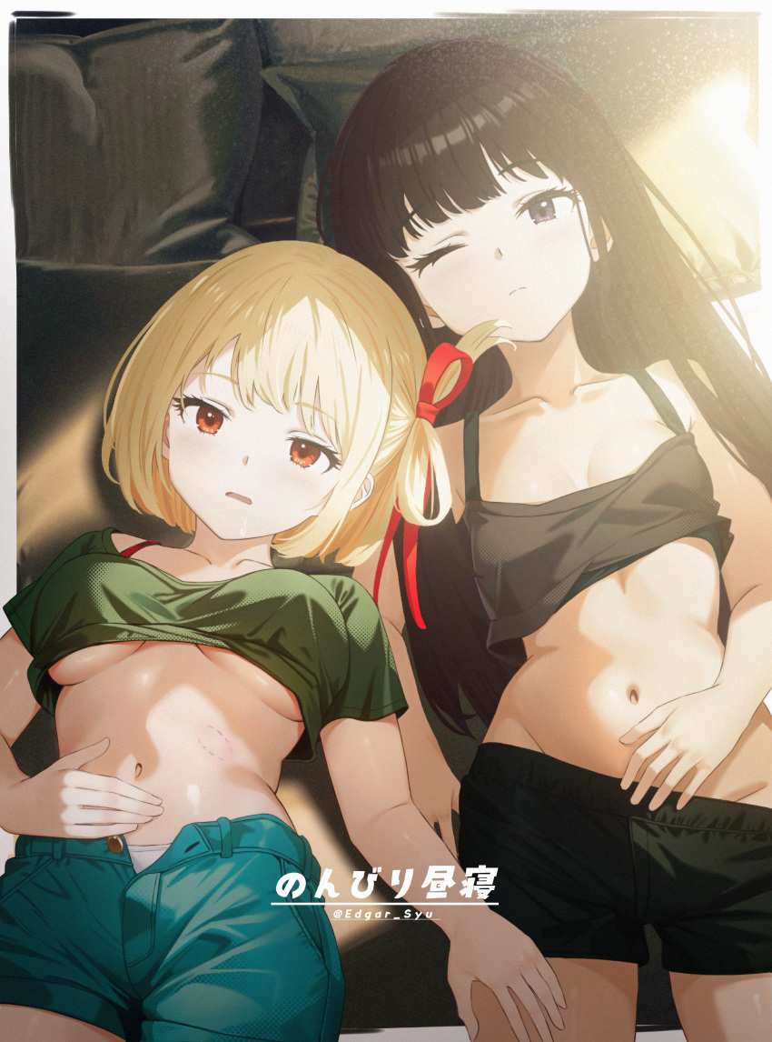 2girls absurdres bite_mark_on_stomach black_bra black_hair black_shorts blonde_hair blue_shirt blue_shorts bob_cut border bra breasts cleavage closed_mouth collarbone commentary_request edgar_syu hair_ribbon hand_on_another's_thigh hand_on_own_stomach highres inoue_takina large_breasts long_hair lycoris_recoil multiple_girls navel nishikigi_chisato no_panties one_eye_closed one_side_up open_fly open_mouth outside_border panties purple_eyes red_bra red_eyes red_ribbon ribbon shirt short_hair short_sleeves shorts small_breasts stomach translation_request underboob underwear white_border white_panties yuri