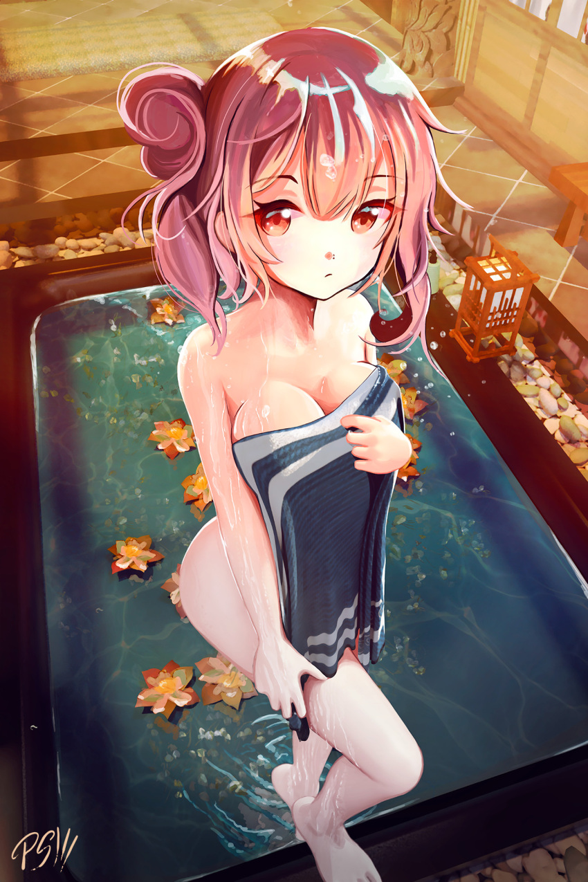 1girl bath bathtub blue_towel breasts cleavage closed_mouth colored_eyelashes covering_breasts covering_privates evening flower full_body gradient_hair hair_between_eyes hair_bun hand_up highres holding holding_towel indoors lamp lantern large_breasts multicolored_hair nude_cover onsen orange_flower original perspective pink_hair red_eyes red_hair ripples sidelocks solo stefan_wolfram tile_floor tiles towel water wet wet_hair window wooden_lantern