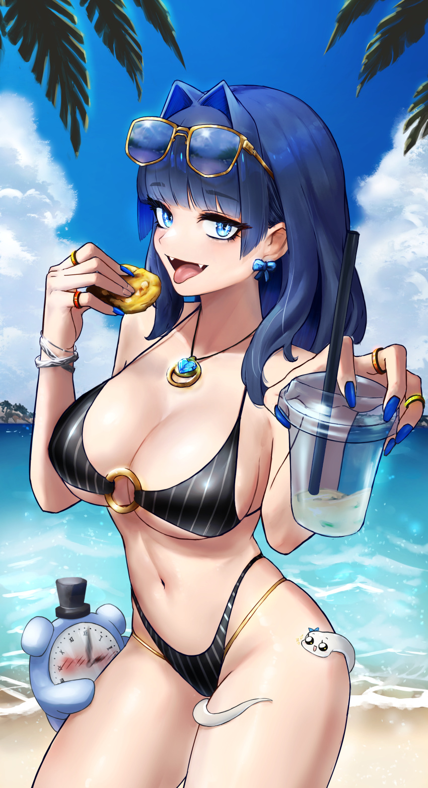 1girl absurdres beach bikini black_bikini blue_eyes blue_hair blue_nails blue_sky blush boros_(ouro_kronii) bow bow_earrings bracelet breasts cloud contrapposto cup disposable_cup drinking_straw earrings eating eyewear_on_head fangs food gold_bikini hair_intakes highleg highleg_bikini highres holding holding_cup holding_food hololive hololive_english jewelry kronie_(ouro_kronii) large_breasts layered_bikini looking_at_viewer medium_hair multicolored_nails navel necklace nose_blush o-ring o-ring_bikini ocean open_mouth ouro_kronii palm_tree pink_nails pinstripe_pattern radi_(pixiv_88192217) revealing_clothes ring skindentation sky solo star_(symbol) star_in_eye stomach strap_gap string_bikini summer sunglasses swimsuit symbol_in_eye tongue tongue_out tree underboob virtual_youtuber