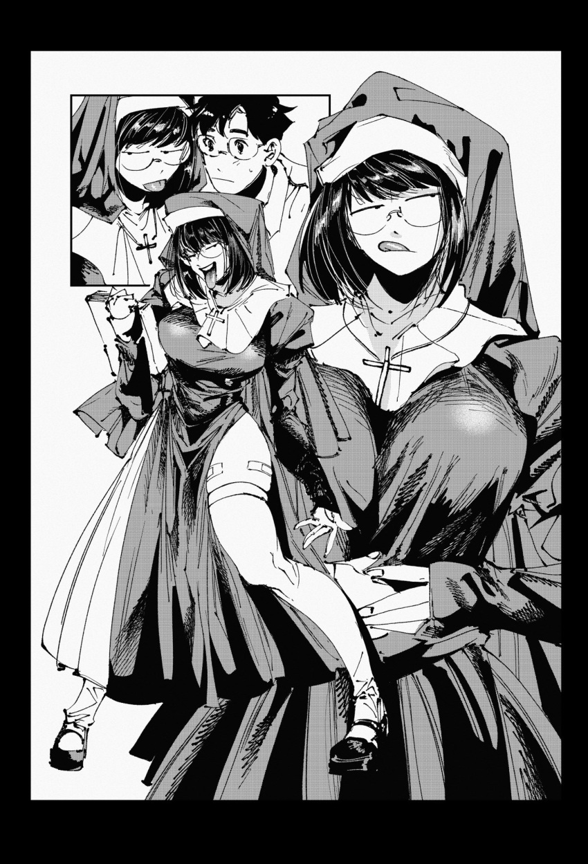 1boy 1girl bandaid_on_thigh bob_cut book breasts cross cross_necklace dress frown glasses greyscale habit hachinuki_tetsuyo hand_up highres holding holding_book jewelry juliet_sleeves large_breasts legs_apart long_sleeves looking_at_another looking_at_viewer monochrome multiple_views necklace nun open_mouth original own_hands_together puffy_sleeves shoes short_hair side_slit sideways_glance skindentation smile standing swept_bangs thighhighs tongue tongue_out traditional_nun veil