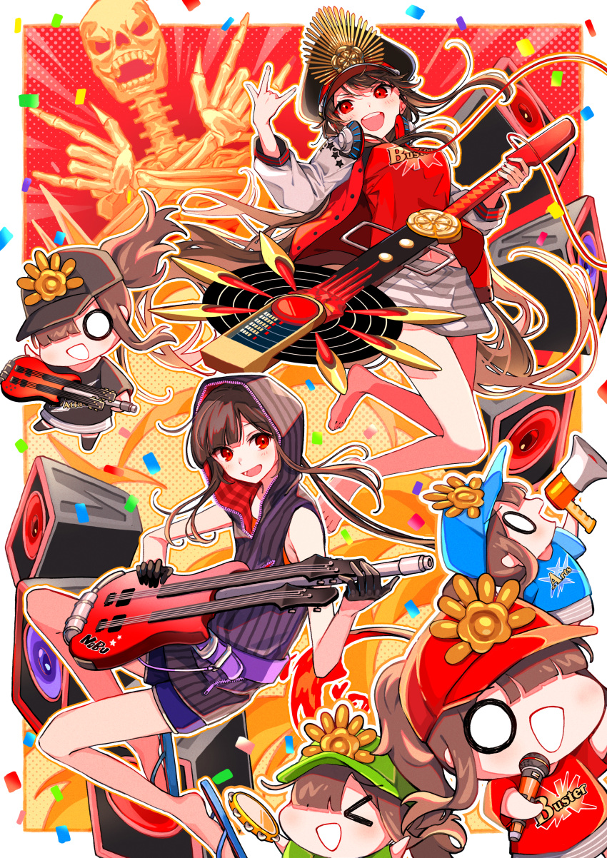 1boy 1girl absurdres black_hair breasts brother_and_sister buster_shirt family_crest fate/grand_order fate_(series) fiery_hair guitar hair_through_headwear hat headphones headphones_around_neck highres instrument jacket letterman_jacket long_hair military_hat navel oda_nobukatsu_(fate) oda_nobunaga_(fate) oda_nobunaga_(swimsuit_berserker)_(fate) oda_nobunaga_(swimsuit_berserker)_(first_ascension)_(fate) oda_uri open_clothes open_jacket open_mouth peaked_cap red_eyes red_shirt shirt siblings skirt smile striped_clothes striped_skirt yui_(tamagohan)