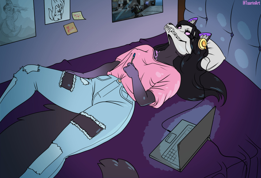 4322chan anthro bedroom black_body black_hair bone canid canine clothed clothing detailed_background female fox glowing glowing_eyes glowing_markings hair hi_res holding_object hybrid listening_to_music looking_pleasured lying mal0 mammal markings on_back scp-1471 scp-1471-a scp_foundation skull skull_head smile solo undead