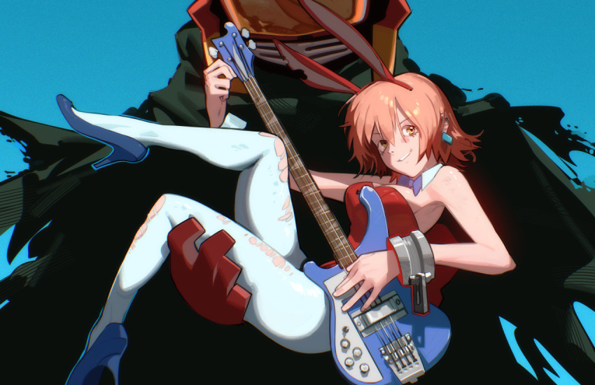1girl :3 animal_ears bare_shoulders black_cloak blue_background blue_footwear breasts canti carrying cloak commentary cuffs detached_collar earrings electric_guitar english_commentary facing_viewer fake_animal_ears fake_tail flcl flipped_hair foot_up gloves guitar hair_between_eyes hairband haruhara_haruko high_heels holding holding_instrument instrument jewelry leotard looking_at_viewer looking_to_the_side mask pantyhose playboy_bunny princess_carry rabbit_ears raneblu red_gloves red_hair red_leotard short_hair simple_background size_difference small_breasts smile solo_focus stiletto_heels strapless strapless_leotard tail torn_clothes torn_pantyhose white_pantyhose yellow_eyes
