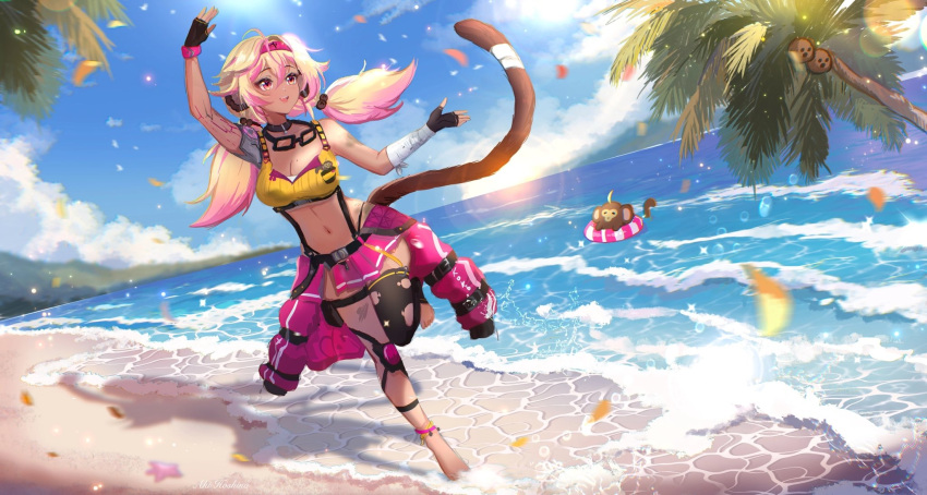 1girl aki_hoshino animal_ears bandaged_arm bandages beach black_gloves black_thighhighs blonde_hair breasts cleavage clothes_around_waist cloud coconut_hair_ornament coconut_tree crop_top fingerless_gloves gloves goggles goggles_around_neck hairband highres indie_virtual_youtuber innertube jacket jacket_around_waist koko_d._nuts midriff monkey monkey_ears monkey_girl monkey_tail multicolored_hair navel ocean open_mouth palm_tree pink_hair pink_hairband pink_jacket shadow shore single_thighhigh sky swim_ring tail tan thighhighs torn_clothes torn_thighhighs tree two-tone_hair virtual_youtuber water