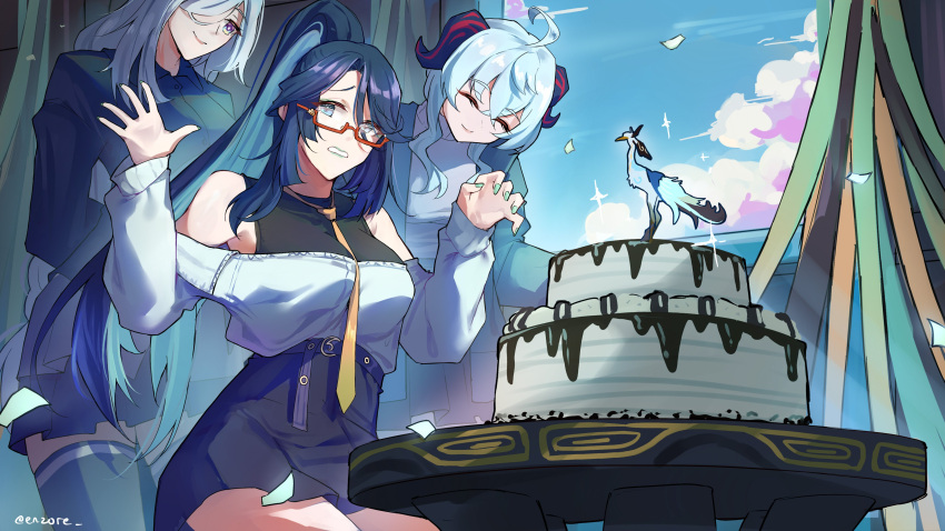 3girls absurdres alternate_costume aqua_eyes birthday birthday_cake black_hair blue_hair breasts cake cloud_retainer_(genshin_impact) colored_inner_hair embarrassed enzore food ganyu_(genshin_impact) genshin_impact glasses goat_horns highres horns long_hair multicolored_hair multiple_girls red-framed_eyewear shenhe_(genshin_impact) two-tone_hair very_long_hair xianyun_(genshin_impact)