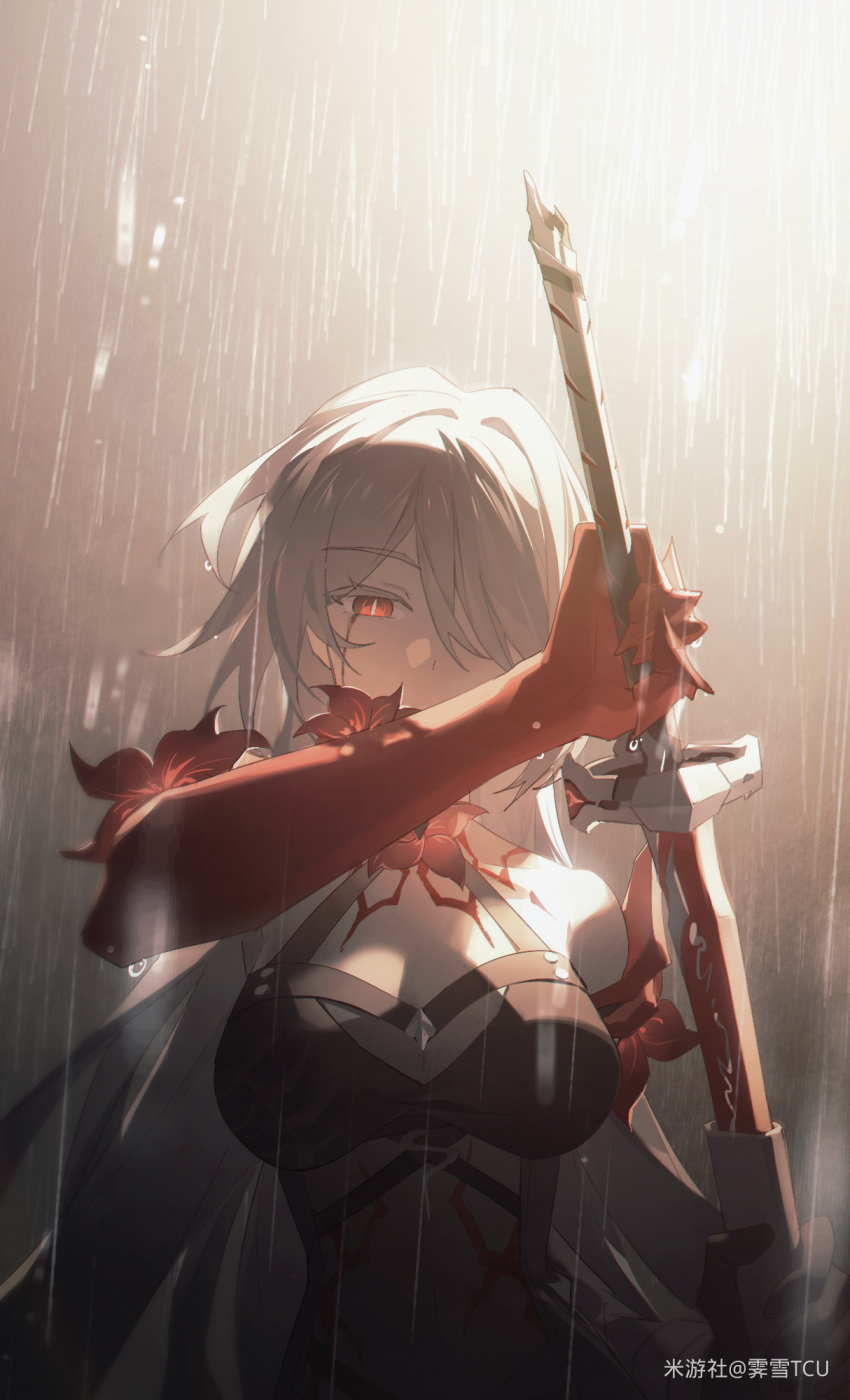 1girl acheron_(honkai:_star_rail) black_choker black_gloves blood blood_from_eyes body_markings breasts choker cleavage detached_sleeves gloves hair_over_one_eye highres holding holding_sword holding_weapon honkai:_star_rail honkai_(series) long_hair midriff rain red_eyes sheath single_bare_shoulder solo sword tcuas unsheathing weapon white_hair