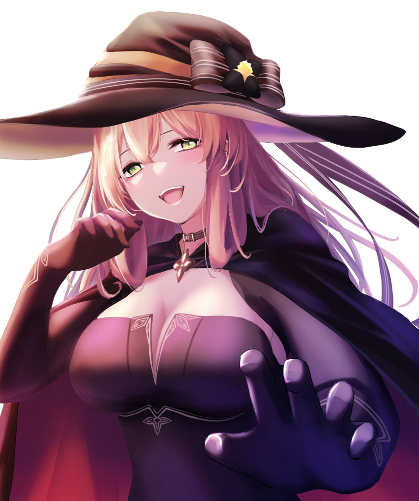 1girl 3_small_spiders absurdres arm_up bangs black_cloak black_gloves black_headwear breasts cleavage cloak elbow_gloves eyebrows_visible_through_hair girls'_frontline gloves green_eyes halloween_costume hat highres long_hair long_sleeves looking_at_viewer medium_breasts official_alternate_costume open_mouth orange_hair smile solo springfield_(girls'_frontline) teeth upper_body upper_teeth white_background witch witch_hat