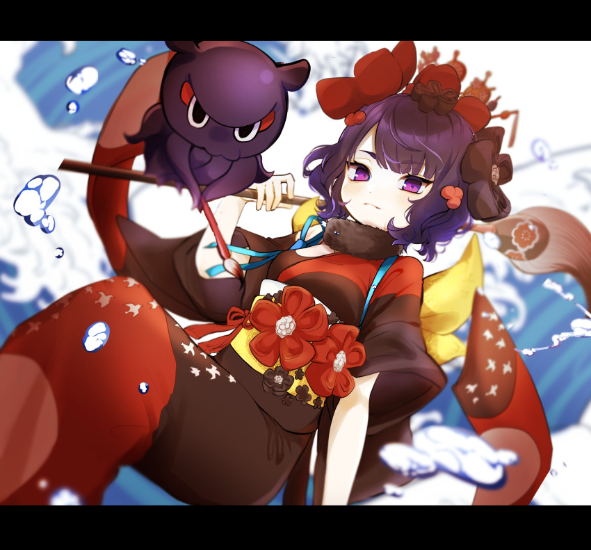 1girl absurdres black_kimono breasts calligraphy_brush collarbone fate/grand_order fate_(series) fine_art_parody flower giant_brush hair_bun hair_flower hair_ornament hairpin highres holding holding_paintbrush ink japanese_clothes katsushika_hokusai_(fate) kimono looking_at_viewer medium_breasts octopus ozu_(user_sjjz4357) paintbrush parody purple_eyes purple_hair purple_kimono short_hair single_hair_bun smile tokitarou_(fate) waves