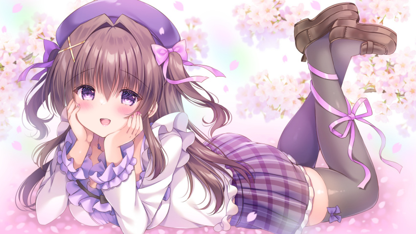 1girl :d beret blush bow breasts brown_footwear brown_hair cherry_blossoms commentary_request crossed_ankles flower frilled_sleeves frills grey_thighhighs hair_between_eyes hair_bow hair_intakes hair_ornament hairclip hat highres kouta. leg_ribbon legs_up loafers long_hair long_sleeves looking_at_viewer lying medium_breasts nail_polish on_stomach original petals pink_bow pink_nails plaid plaid_skirt pleated_skirt purple_eyes purple_hat purple_ribbon purple_skirt ribbon shirt shoes skirt smile solo thighhighs two_side_up very_long_hair white_flower white_shirt x_hair_ornament