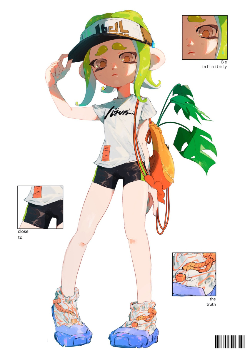 1girl :&lt; arm_at_side arm_up bag barcode bike_shorts black_shorts brown_eyes close-up closed_mouth commentary_request english_text full_body furrowed_brow green_hair hand_on_headwear highres leaf long_hair multicolored_footwear octoling octoling_girl octoling_player_character orange_bag plant pppmepl print_shirt shirt short_sleeves shorts shoulder_bag solo splatoon_(series) splatoon_3 standing tentacle_hair thick_eyebrows visor_cap white_shirt