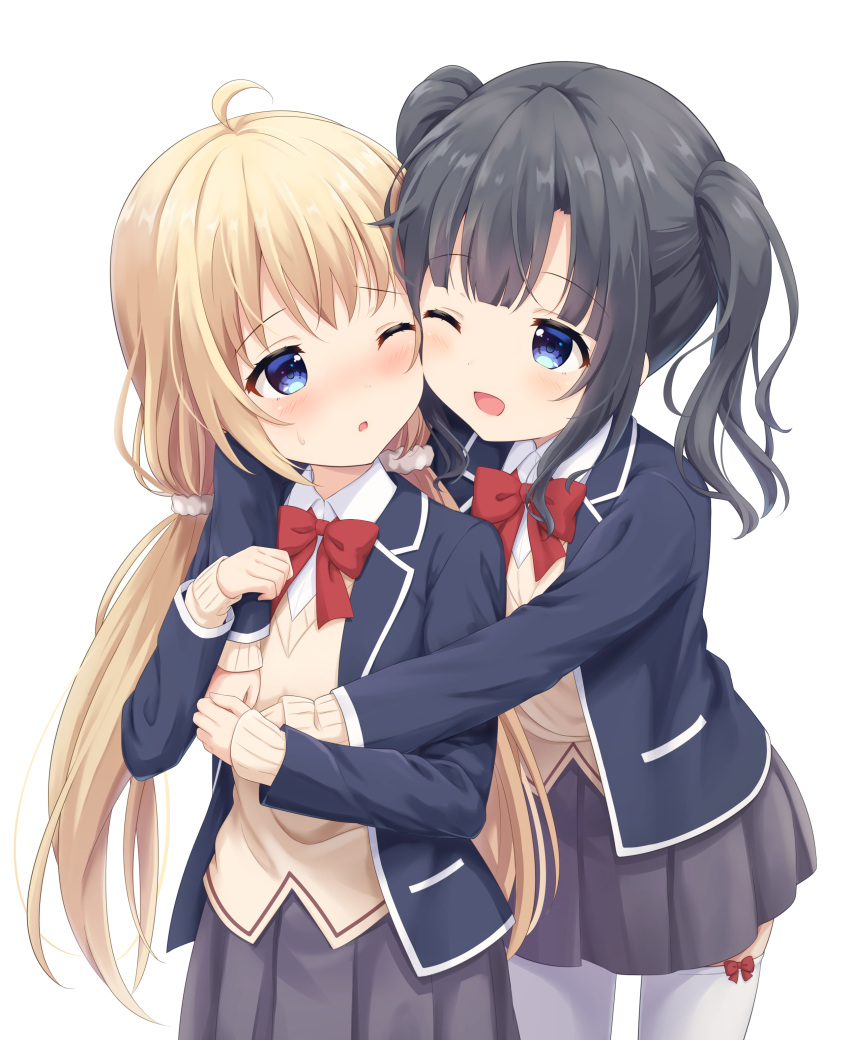 2girls ;d ;o absurdres ahoge arms_up aunt_and_niece behind_another black_jacket blazer blunt_bangs blush bow bow_legwear bowtie brown_sweater cheek-to-cheek collared_shirt commentary_request crossed_bangs grey_skirt hair_ornament hair_scrunchie heads_together highres hug itsumura_haruka itsumura_yukari jacket long_hair long_sleeves looking_at_another low_twintails medium_hair miniskirt multiple_girls nose_blush one_eye_closed open_clothes open_jacket open_mouth pleated_skirt re:stage! red_bow red_bowtie scrunchie shirt sidelocks simple_background skirt sleeves_past_wrists smile sweater thighhighs twintails white_background white_scrunchie white_shirt white_thighhighs yutuki_ame