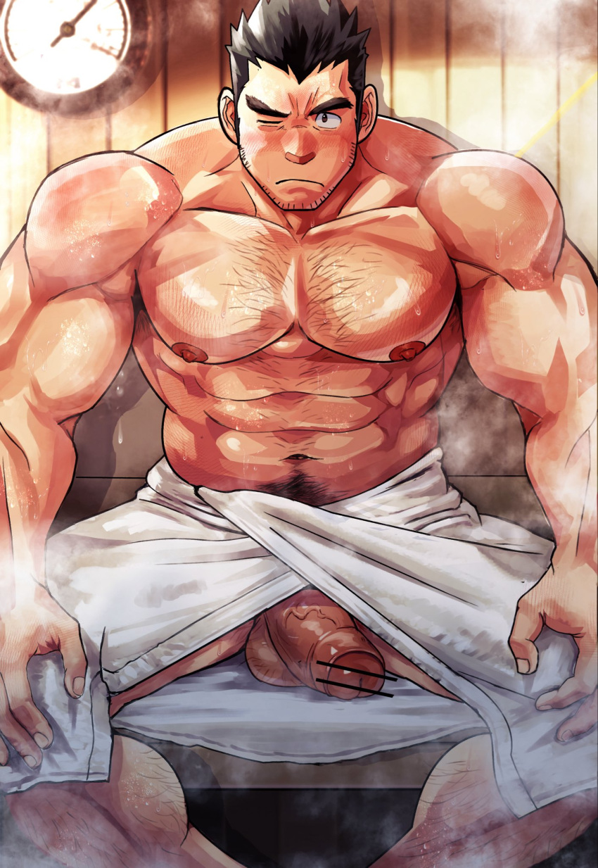 1boy abs armpit_hair armpit_hair_peek bar_censor bara black_hair blush censored chest_hair feet_out_of_frame foreskin half-erect highres large_pectorals large_penis male_focus mature_male muscular muscular_male naked_towel navel_hair nipples one_eye_closed original pectorals penis sauna short_hair sideburns sitting solo sparse_stubble steam suamaru sweat testicle_hair testicles thick_eyebrows topless_male towel towel_around_waist white_towel wooden_wall