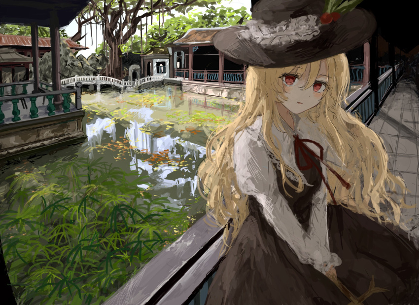 1girl blonde_hair bridge brown_hat brown_skirt brown_vest building collared_shirt cross dolls_in_pseudo_paradise fedora frilled_hat frills hat hat_feather highres holding holding_cross jacket_girl_(dipp) long_hair long_sleeves looking_at_viewer nature outdoors red_eyes red_ribbon ribbon shirt skirt smile solo touhou tree uran_92 vest water wavy_hair wetland white_shirt