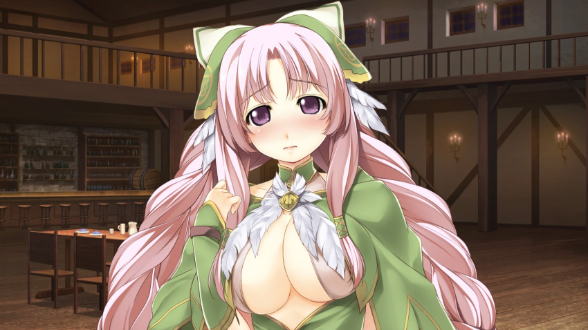 1girl atelier-moo blush braid breasts cleavage closed_mouth curtained_hair dress drunk highres large_breasts long_hair long_sleeves looking_at_viewer narrow_waist night nina_lazydaisy pink_eyes pink_hair ribbon sad smile solo standing tavern twin_braids upper_body wizards_symphony