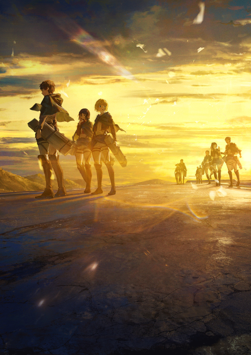 6+boys absurdres armin_arlert black_hair black_shorts blonde_hair blue_eyes boots brown_footwear brown_jacket capelet eren_yeager green_capelet gyoukan_(jfxc) hands_up highres jacket jean_kirstein krista_lenz leggings lens_flare mikasa_ackerman multiple_boys paradis_military_uniform pointing sasha_blouse shadow shingeki_no_kyojin shirt shorts sunlight three-dimensional_maneuver_gear white_leggings white_shirt ymir_(shingeki_no_kyojin)