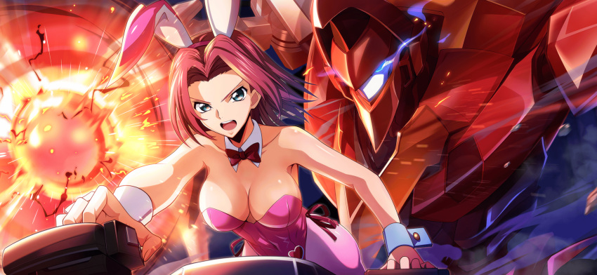 1girl animal_ears artist_request bare_shoulders blue_eyes bow bowtie breasts cleavage code_geass code_geass:_lost_stories collarbone covered_navel detached_collar energy explosion eye_trail fake_animal_ears forehead game_cg guren_(code_geass) guren_mk-ii hair_intakes hairband heart highres kouzuki_kallen large_breasts leaning_forward leotard light_trail mecha non-web_source official_art open_mouth outstretched_arm pantyhose piloting pink_hairband pink_leotard pink_pantyhose playboy_bunny rabbit_ears red_bow red_bowtie red_hair robot serious shiny_skin short_hair side-tie_leotard sidelocks solo standing strapless strapless_leotard teeth traditional_bowtie v-shaped_eyebrows wrist_cuffs