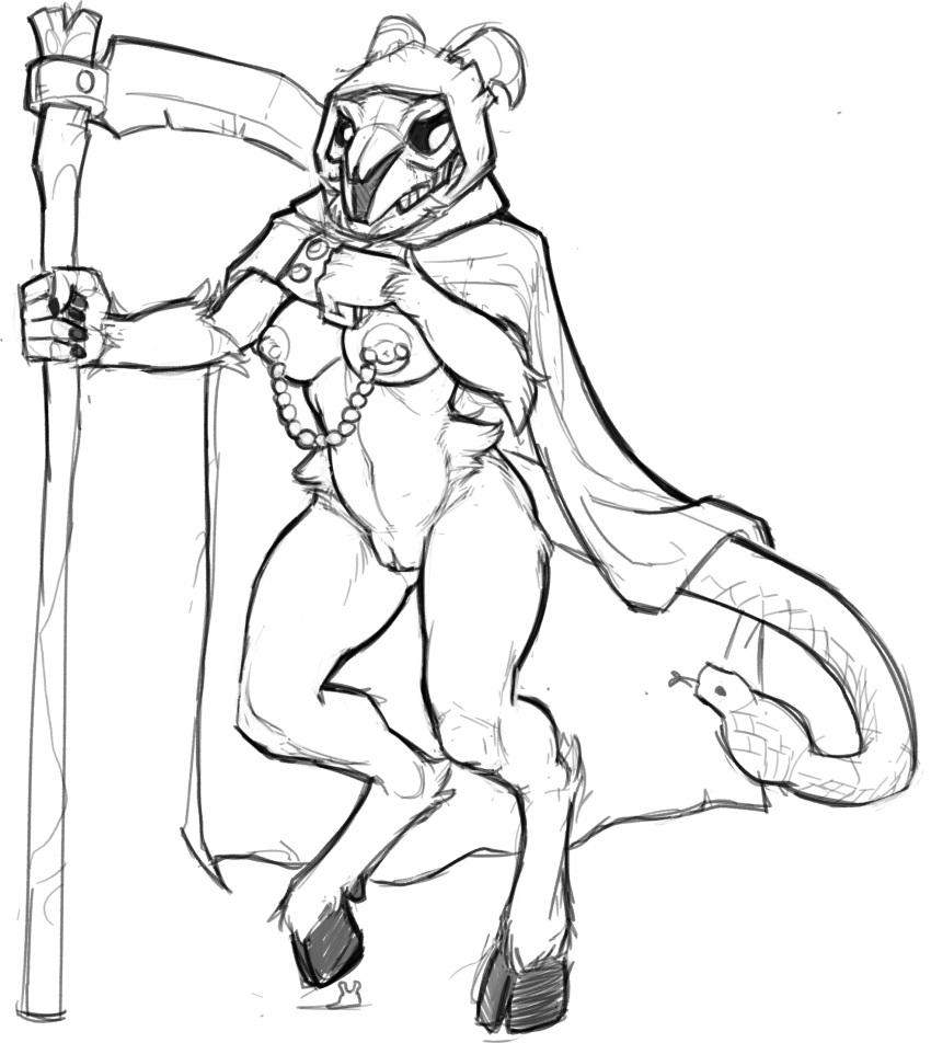 2021 anthro bone bovid caprine chain cloak_only demon elbow_tufts female fist genitals goat hi_res holding_object holding_weapon hooves horn hybrid jewelry lakeslug living_tail looking_down mammal melee_weapon nipple_piercing nipples piercing polearm pussy reptile scalie scythe simple_background skull skull_head snake snake_tail solo unusual_anatomy unusual_tail weapon white_background