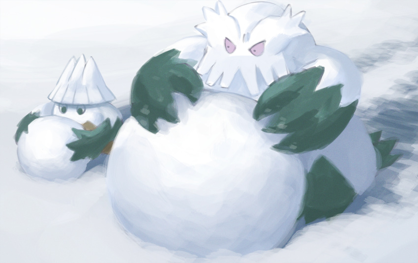 abomasnow commentary_request day evolutionary_line green_eyes highres holding no_humans one-hour_drawing_challenge outdoors pokemon pokemon_(creature) pushing rend sideways_glance snover snow snowball