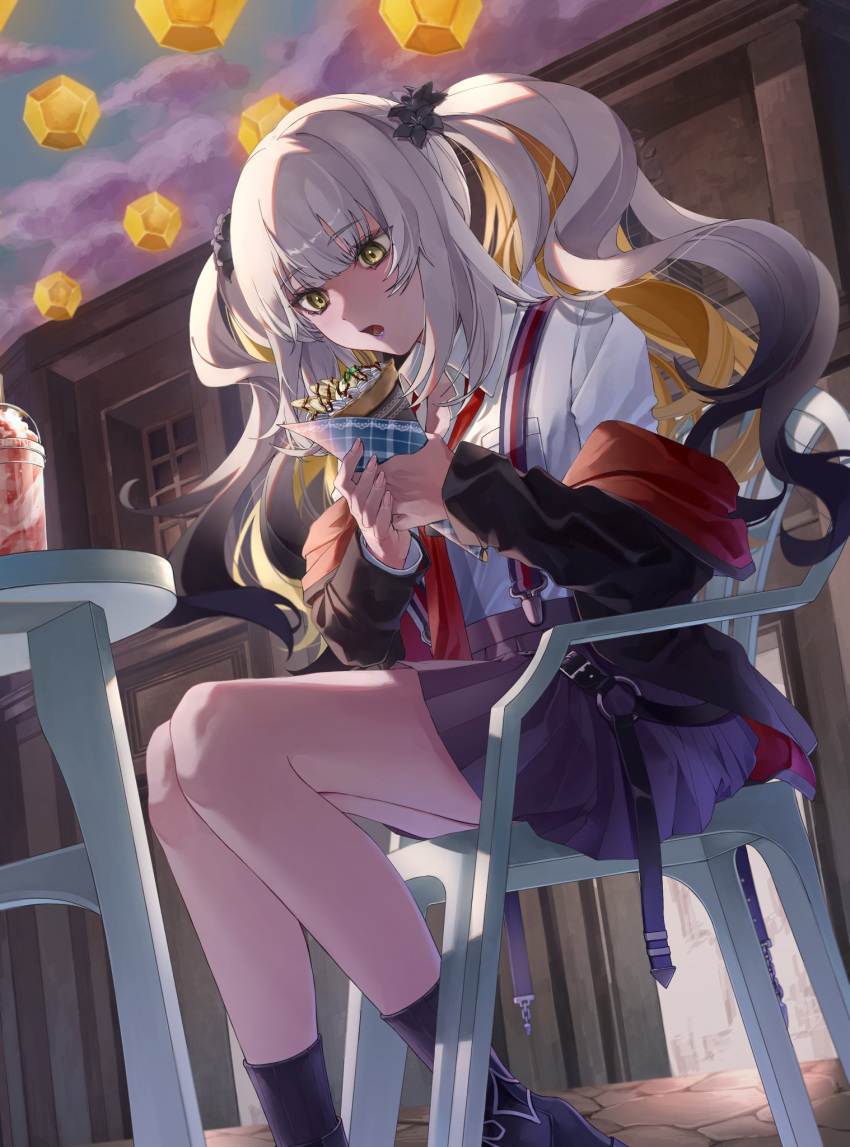 1girl crepe dress eating fate/grand_order fate_(series) food grey_hair highres ina_(rimuna_1228) jacket long_hair long_sleeves looking_at_viewer marie_antoinette_(alter)_(fate) marie_antoinette_(alter)_(first_ascension)_(fate) marie_antoinette_(fate) off_shoulder school_uniform shirt sidelocks sitting skirt socks solo thighs twintails two_side_up white_dress white_hair white_jacket white_shirt yellow_eyes