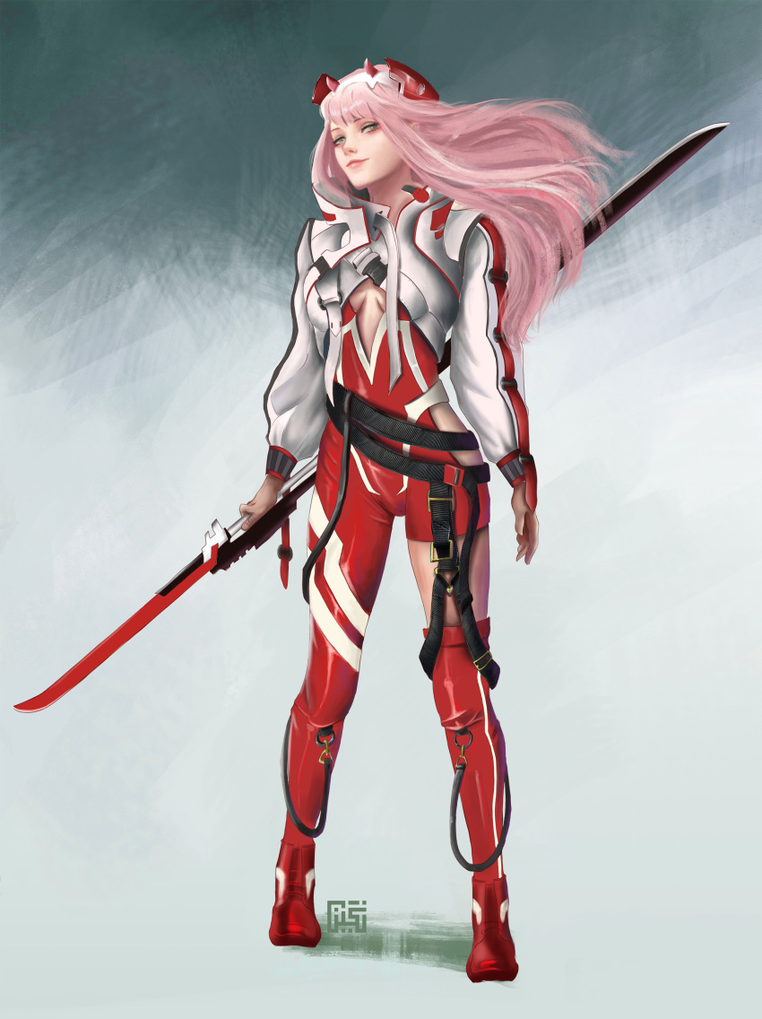 1girl absurdres adapted_costume alternate_universe apex_legends belt black_belt blackrosez bodysuit boots cable cropped_jacket darling_in_the_franxx english_commentary eyeshadow full_body highres hip_vent holding holding_polearm holding_weapon horns jacket long_hair looking_at_viewer makeup pink_hair polearm red_bodysuit red_eyeshadow red_footwear shadow single_thigh_boot smile solo thigh_boots weapon white_jacket zero_two_(darling_in_the_franxx)