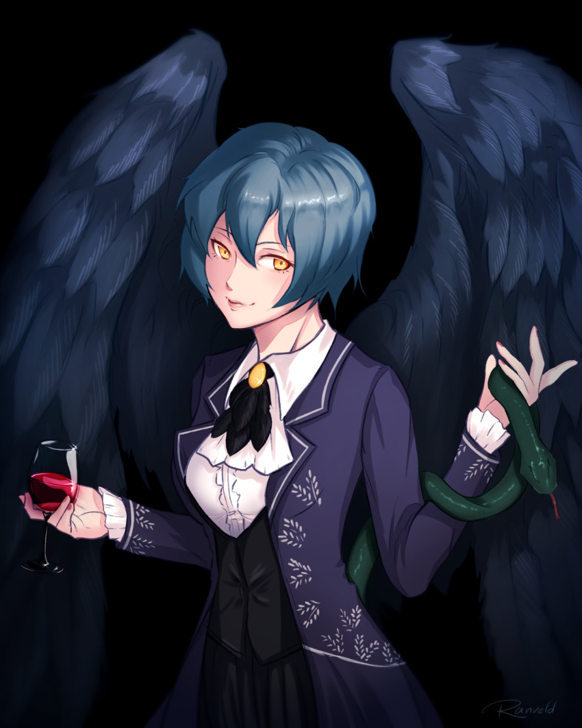 1girl angela_(project_moon) animal artist_name ascot black_background black_feathers black_skirt black_vest black_wings blue_hair brooch center_frills coat collared_shirt cup drinking_glass feathers frilled_sleeves frills hair_between_eyes highres holding holding_animal holding_cup jewelry library_of_ruina looking_at_viewer open_clothes open_coat pink_lips pleated_skirt project_moon purple_coat ranveld shirt short_hair sidelocks signature simple_background skirt skirt_set smile snake upper_body vest white_ascot white_shirt wine_glass wings yellow_eyes