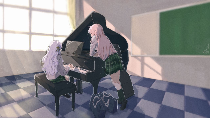 2girls bag bang_dream! bang_dream!_it's_mygo!!!!! black_ribbon black_socks chalkboard chihaya_anon commentary dated_commentary day grand_piano green_skirt grey_jacket hair_ribbon hanemi haneoka_school_uniform indoors instrument jacket light_particles long_hair long_sleeves multiple_girls music piano pink_hair plaid plaid_skirt playing_instrument playing_piano pleated_skirt purple_hair ribbon school_bag school_uniform sitting skirt socks tile_floor tiles togawa_sakiko two_side_up window