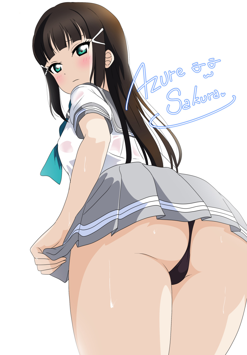 1girl absurdres artist_name ass azuresakura black_hair black_panties blush closed_mouth green_eyes grey_skirt hair_ornament hairclip highres kurosawa_dia long_hair looking_at_viewer looking_back love_live! love_live!_sunshine!! panties pleated_skirt school_uniform serafuku shirt short_sleeves simple_background skirt solo standing underwear uranohoshi_school_uniform wet wet_clothes wet_shirt white_background white_shirt