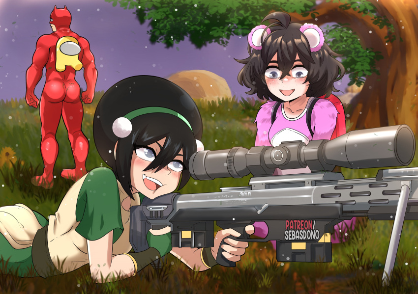 1boy 2girls :d absurdres among_us ass avatar:_the_last_airbender avatar_legends black_hair character_request commentary commission crewmate_(among_us) dress fortnite grass green_dress green_hairband grey_eyes gun hair_between_eyes hairband highres holding holding_gun holding_weapon multiple_girls open_mouth pink_shirt rifle scope sebasdono shirt short_hair short_sleeves smile sniper_rifle toph_bei_fong tree weapon