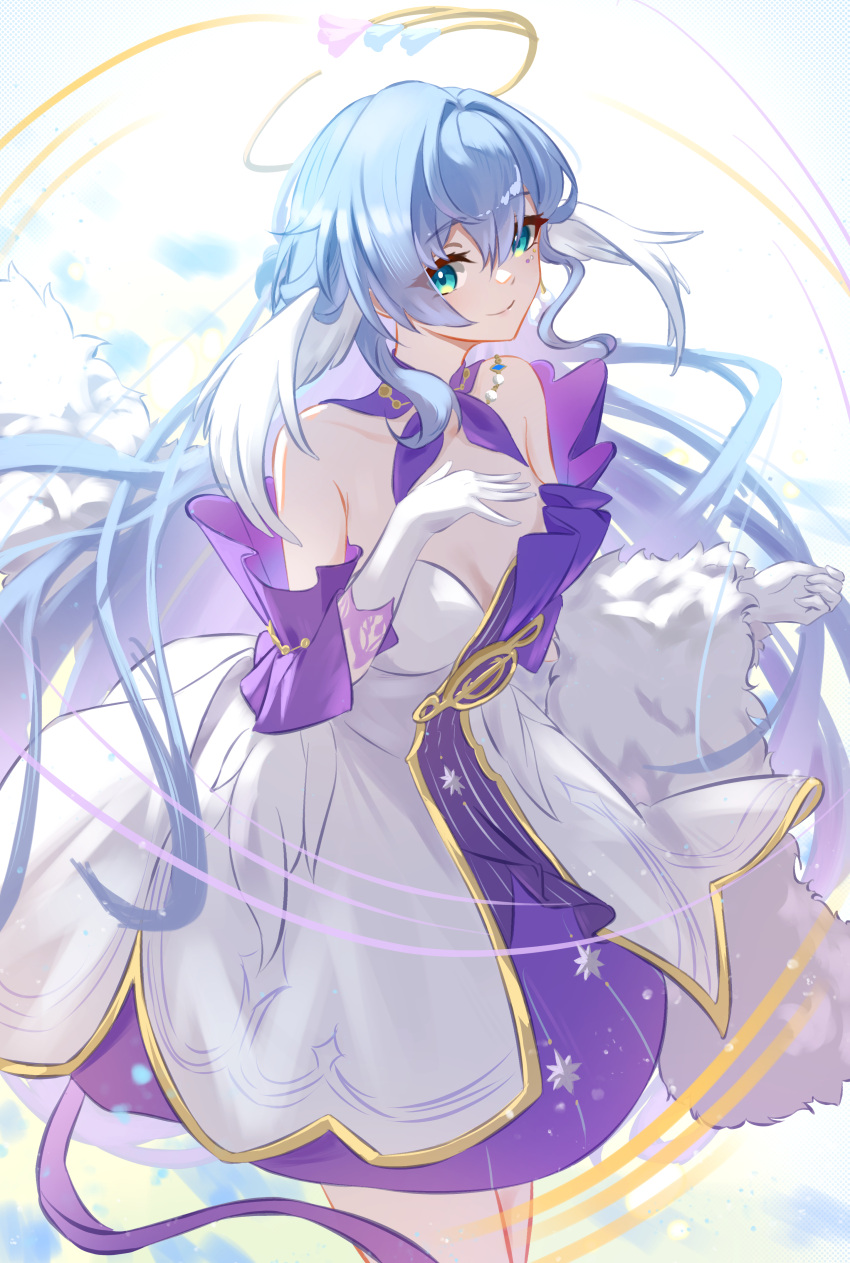 1girl absurdres aqua_eyes bare_shoulders blue_hair choker commentary cowboy_shot detached_sleeves dress feather_boa gloves hand_on_own_chest head_wings highres honkai:_star_rail honkai_(series) long_hair naeeeegi purple_choker robin_(honkai:_star_rail) short_sleeves solo standing strapless strapless_dress very_long_hair white_dress white_gloves wings