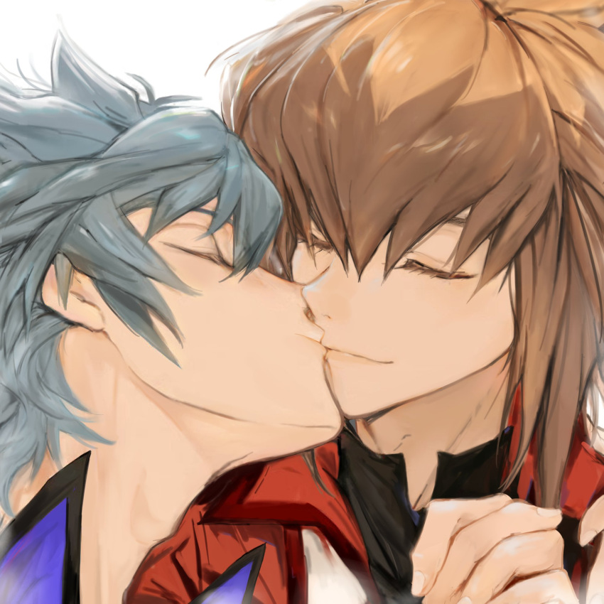 2boys aqua_hair brown_hair closed_eyes closed_mouth hair_between_eyes highres jacket johan_andersen kiss light_smile male_focus multiple_boys portrait red_jacket sake_ygo short_hair white_background yaoi yu-gi-oh! yu-gi-oh!_gx yuki_judai