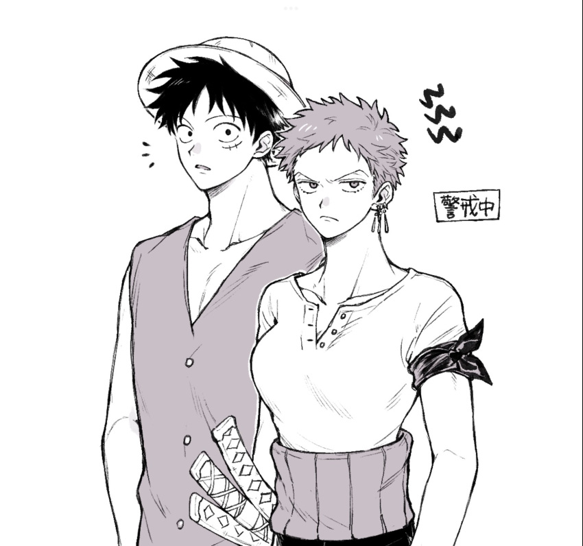 1boy 1girl bandana_around_arm collarbone frown genderswap genderswap_(mtf) greyscale hat highres katana looking_at_viewer monkey_d._luffy monochrome one_piece parted_lips roronoa_zoro scar scar_on_cheek scar_on_face short_hair short_sleeves straw_hat sword tong_noe translation_request weapon