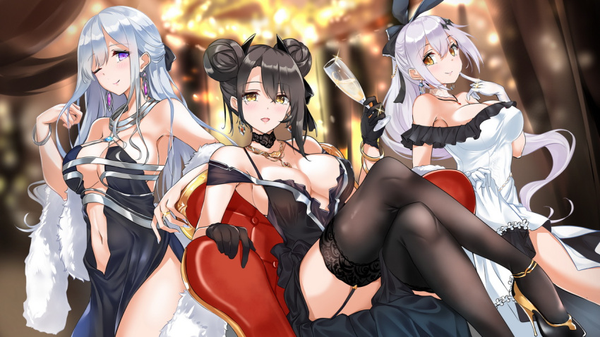 3girls agent_(girls'_frontline) ak-12_(girls'_frontline) ak-12_(quiet_azure)_(girls'_frontline) black_dress black_gloves black_hair black_socks blue_dress bracelet breasts couch crossed_legs cup dress earrings five-seven_(girls'_frontline) girls'_frontline gloves grey_hair hair_ribbon high_heels holding holding_cup jewelry lights long_hair multicolored_nails multiple_girls nail_polish navel necklace no_bra on_couch one_eye_closed open_clothes open_dress plunging_neckline purple_eyes ribbon ring sitting smile smiley_face socks standing takeno_(hashi_falcon) thighs white_dress white_gloves yellow_eyes zgmf_snow